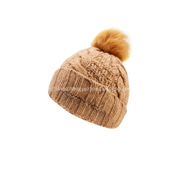 Girl's Knitted Cable Faux Fur Pompom Beanie Cap